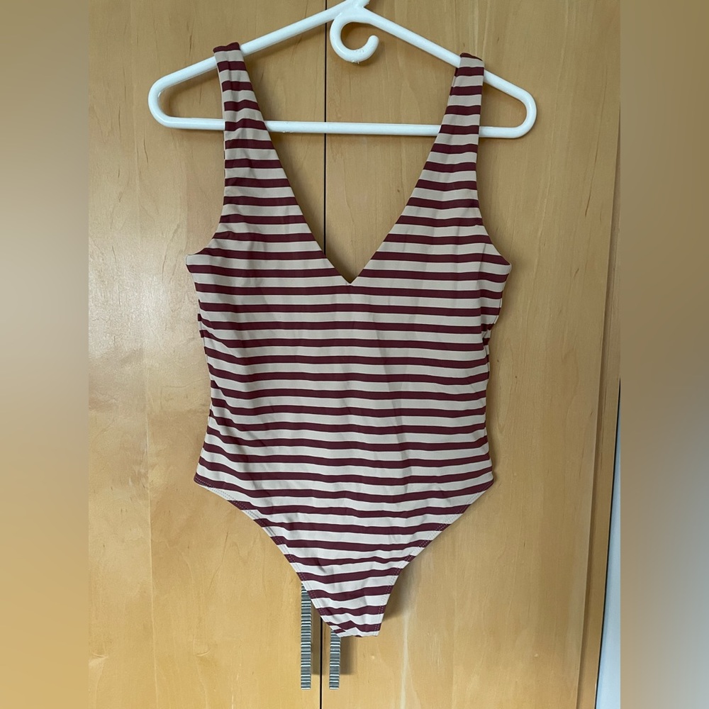 Striped Burgundy & Cream V-Neck One-Piece Bodysuit